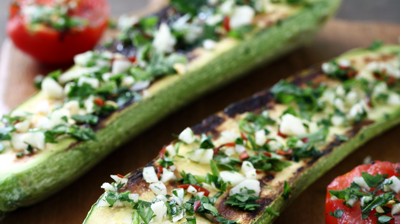 grilled zucchini topped with herbs