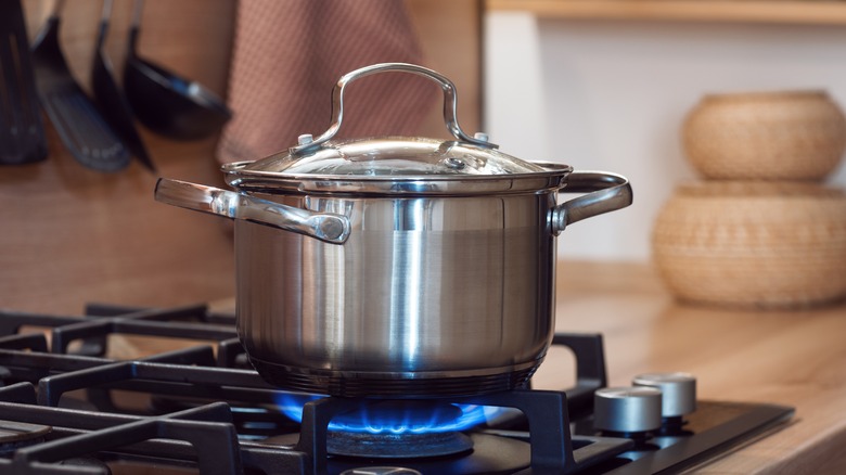 Pan with lid over gas stove flame