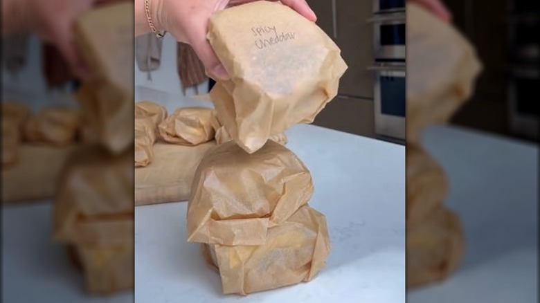 Egg sandwiches wrapped in parchment paper