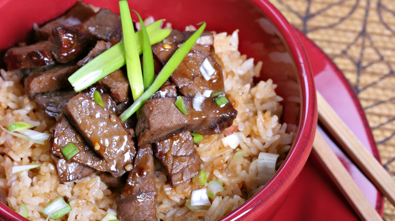 Habachi steak strips with rice