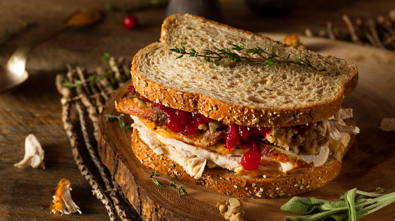 Thanksgiving leftovers in a sandwich