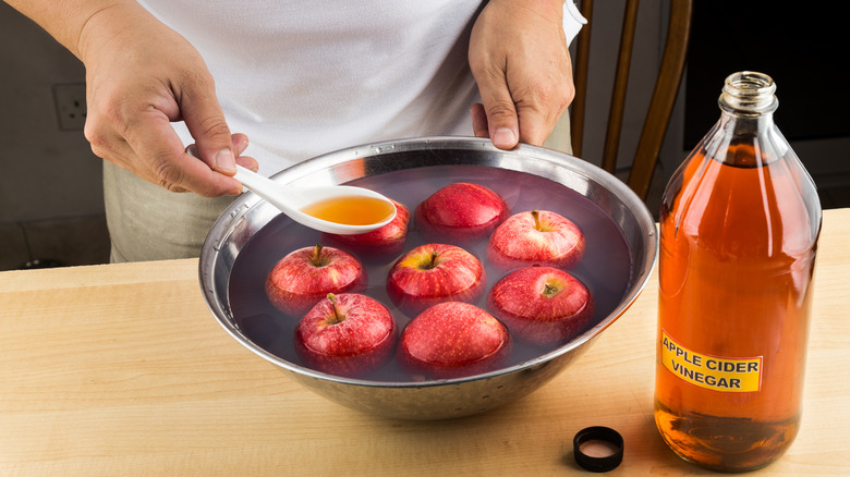 Person putting spoonful of vinegar in a bowl of apples