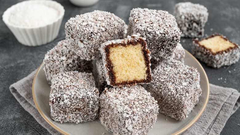 Traditional lamingtons on white plate