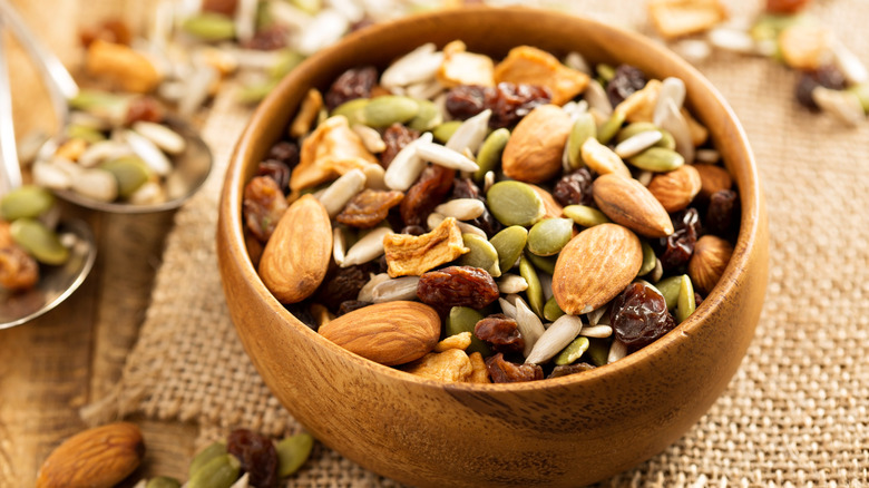 Wood bowl of fruit and nut mix