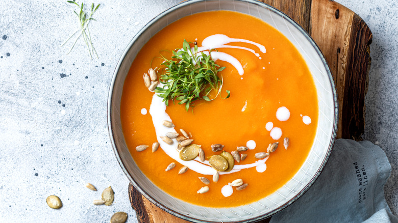 Bowl of tomato soup with seeds