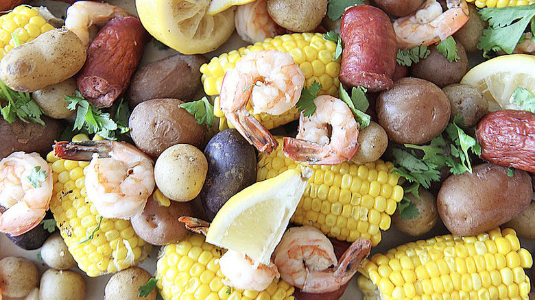 shrimp, corn, potatoes, and sausage