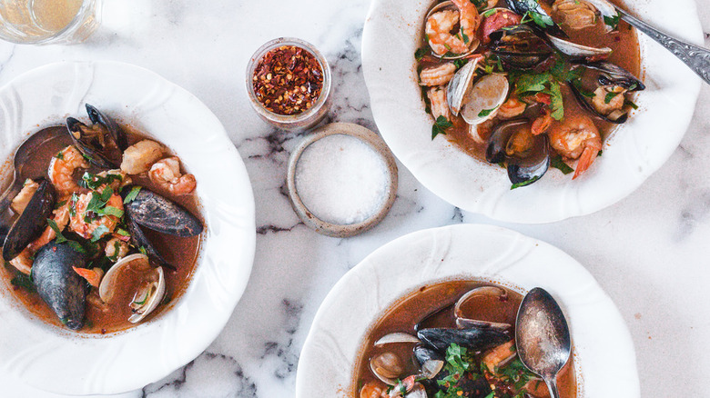 mussels, shrimp, and clams in broth