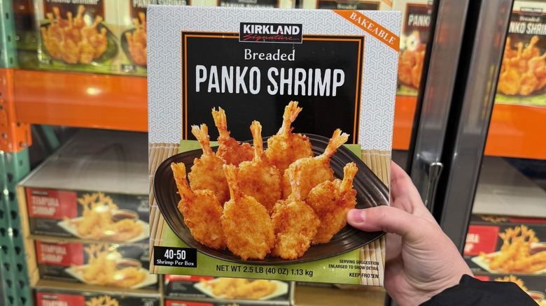 Boxes of frozen breaded shrimp