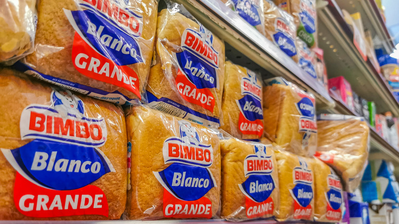 Bimbo white bread on grocery shelves 