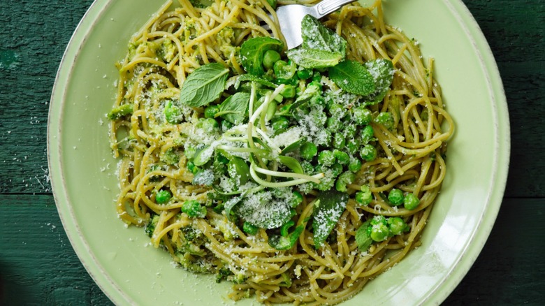 pasta with green sauce and vegetables