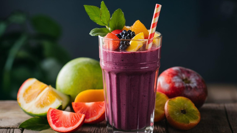 Purple fruit smoothie surrounded by fruits