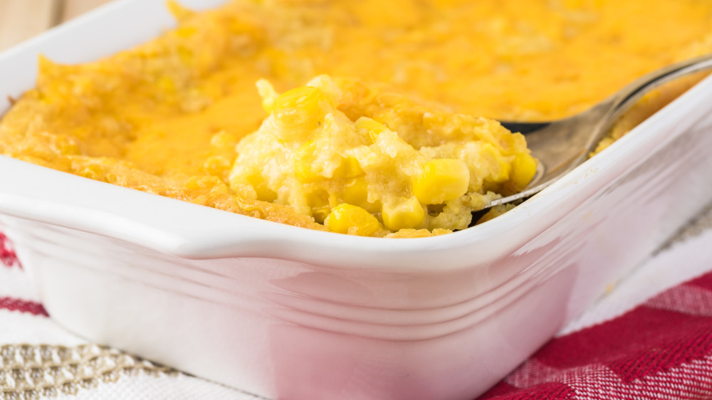 corn casserole with spoon