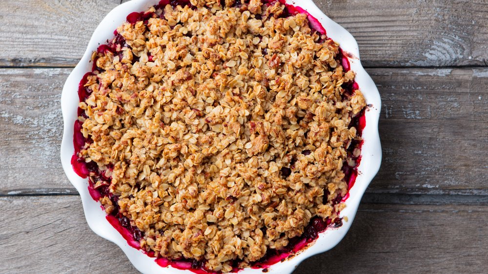 fruit crumble in white dish