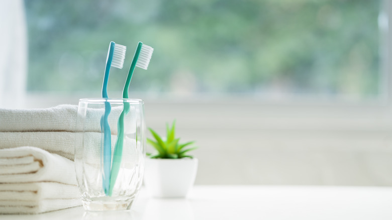 Two toothbrushes in glass on white counter