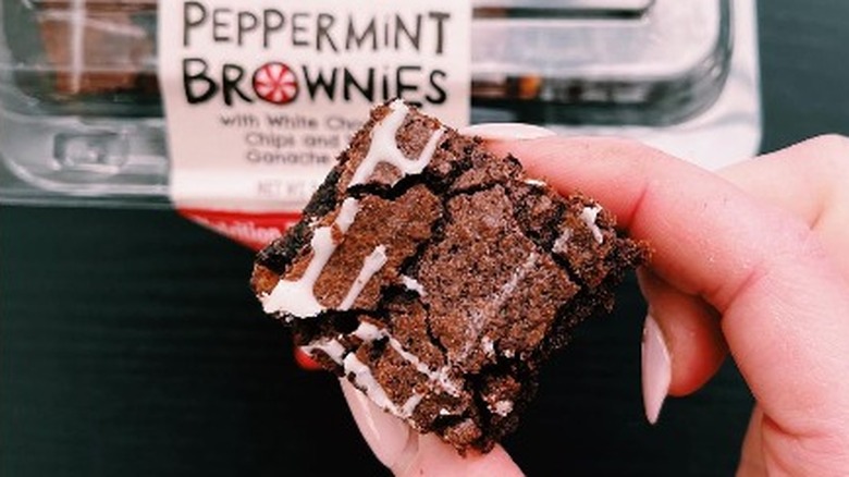 Person holding a single Peppermint Brownie from Trader Joe's