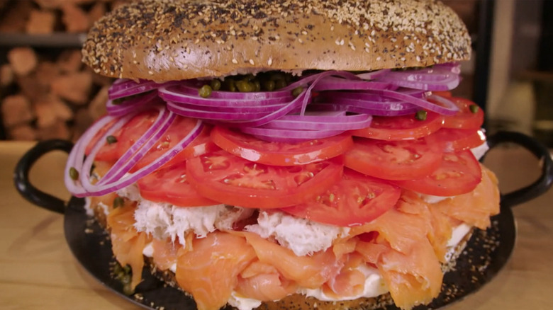 enormous bagel and lox sandwich