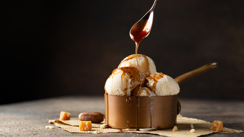 caramel sauce over ice cream