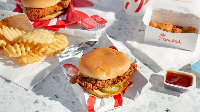 Chick-fil-A food with assorted sauces