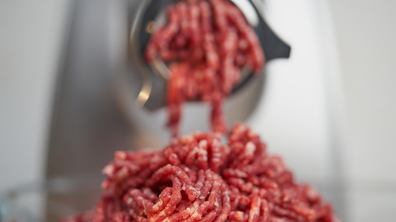 Ground beef coming out of meat grinder