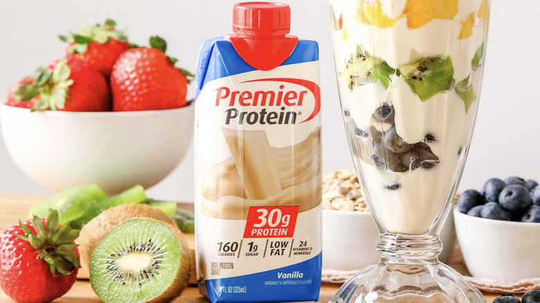 Premier Protein vanilla shake with fresh fruits