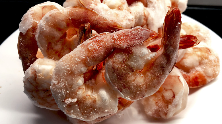 Frozen tail-on shrimp on white plate