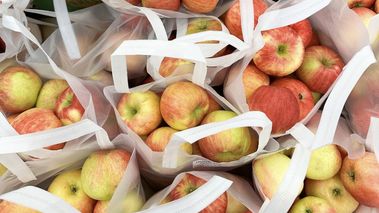 Overhead view of honeycrisp apples in bags