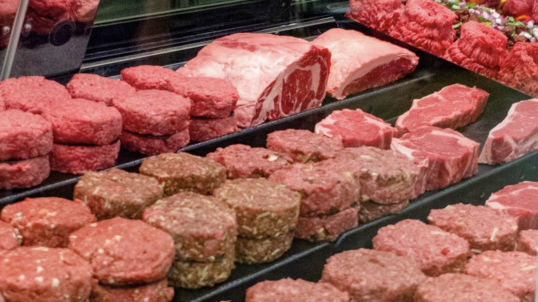 Ground beef patties on display at Fresh Thyme