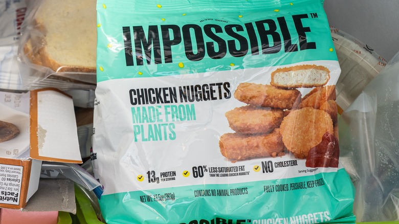 Bag of Impossible chicken nuggets inside freezer