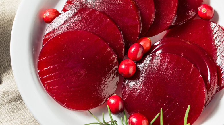 Plate with canned cranberry sauce and fresh cranberries