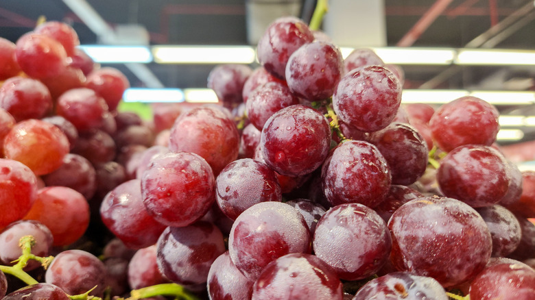 Closeup of red grapes at grocery store