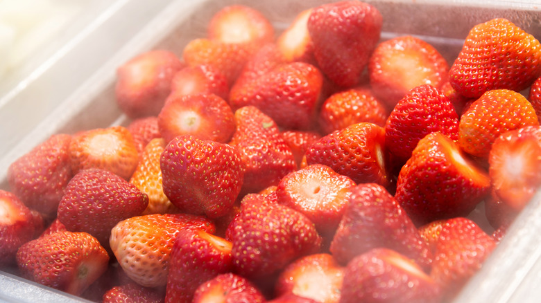 Tray of strawberries in cafeteria