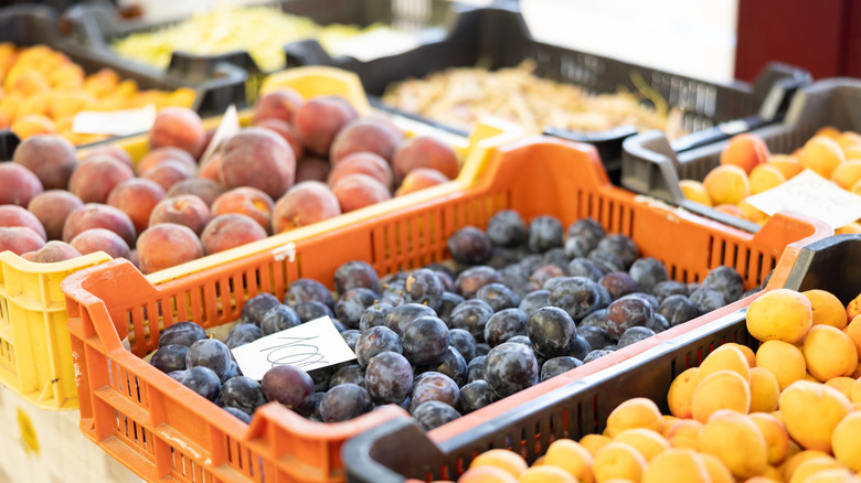 Market display of plums and other fruit