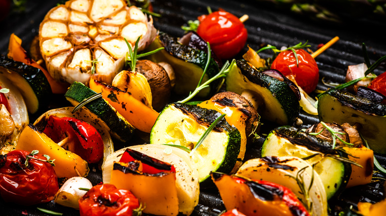 Veggie skewers grilling