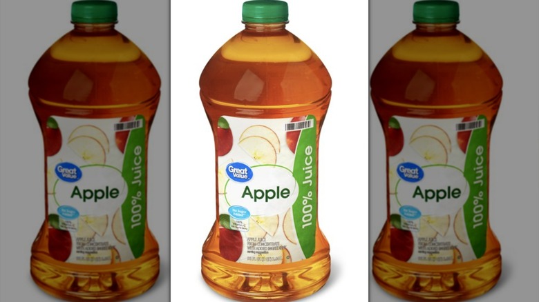 Bottle of Great Value Apple Juice with white background