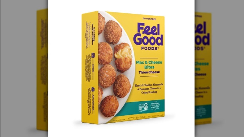 A box of Feel Good Foods Mac & Cheese Bites on a white backdrop