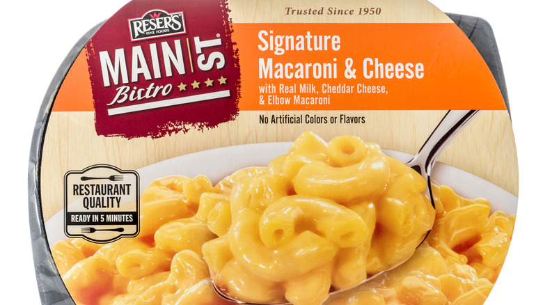 A package of Reser's Signature Mac and Cheese over a white backdrop