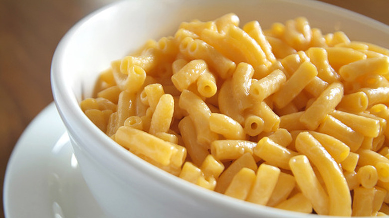 Macaroni and cheese in white bowl