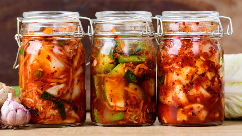 Jars of homemade Korean kimchi