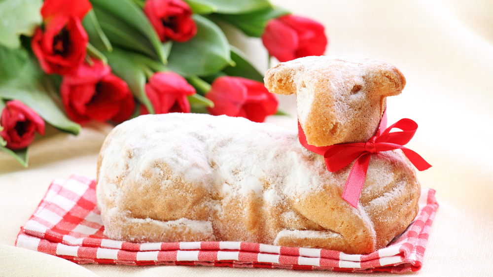 An Easter Lamb cake with tulips