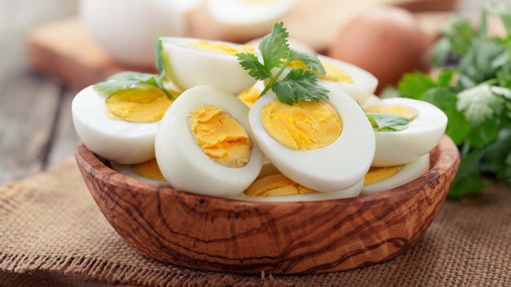 Hard boiled eggs arranged in a bowl