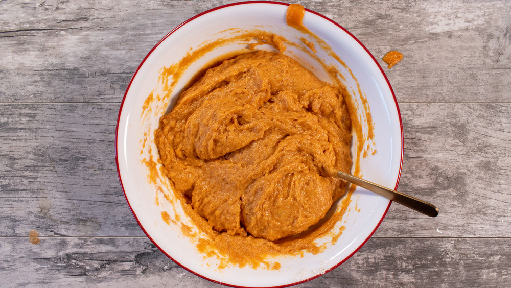 Pumpkin bread batter in a bowl