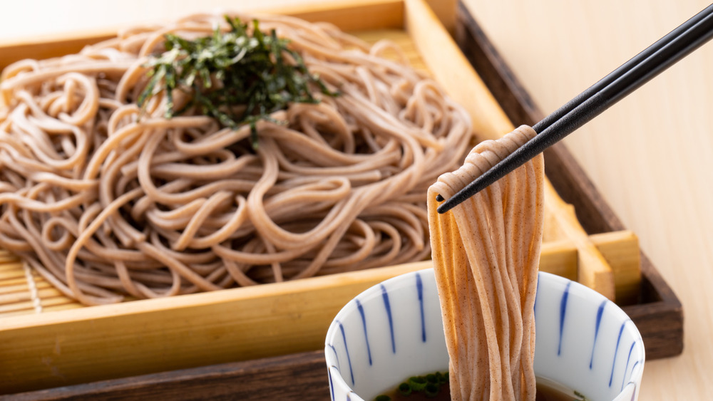 cold soba noodles and chopsticks