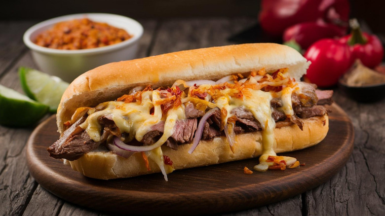 Philly cheesesteak sandwich on dark plate