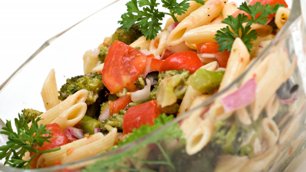 Freshly tossed pasta salad.