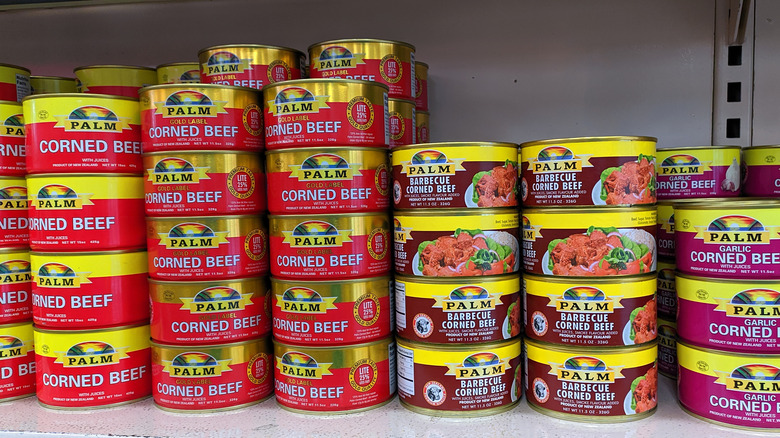 Canned corned beef at supermarket