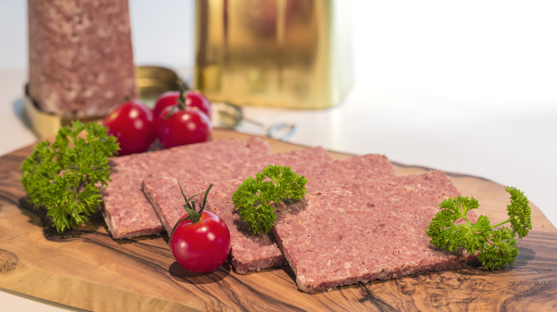 Canned corned beef on platter