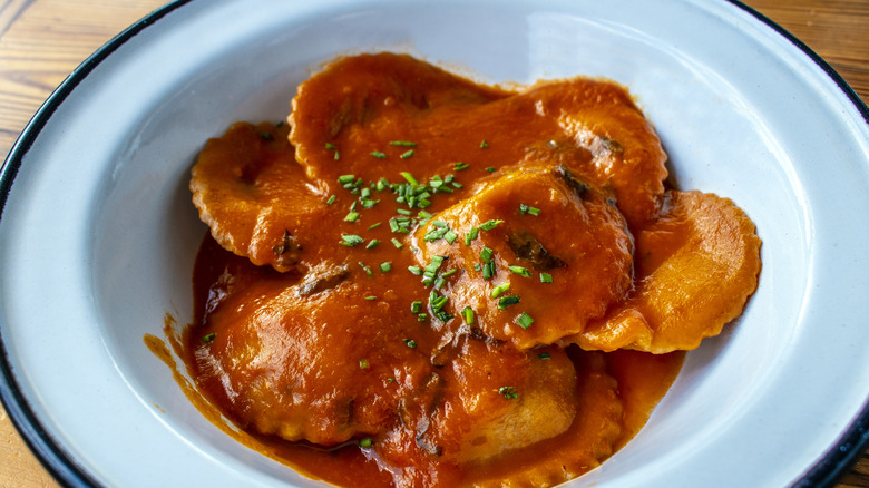 bowl of ravioli and sauce