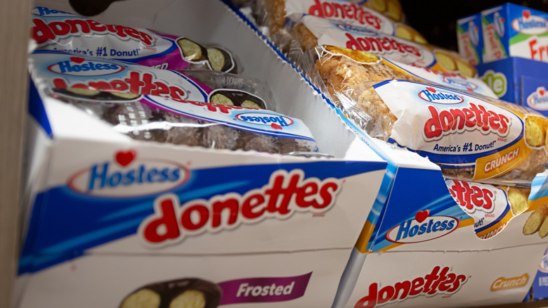 Packages of Hostess Donettes on store shelf