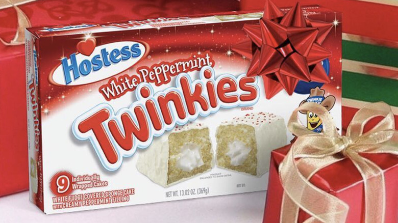 White peppermint Twinkies with holiday gifts