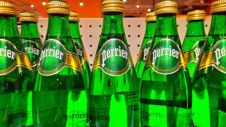 Glass bottles of Perrier water